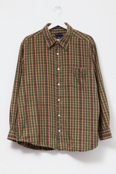 Vintage 1990s Distressed Cotton Green & Brown Plaid Button Up Shirt