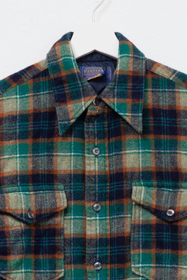 Vintage 1980s Distressed Pendleton Blue Green Plaid Wool Button Up Shirt #1