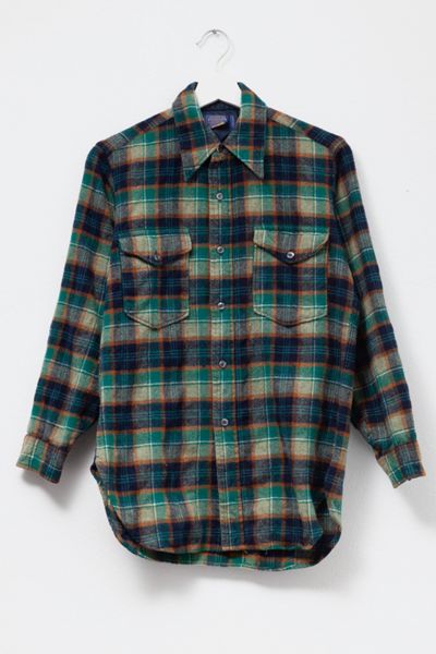 Vintage 1980s Distressed Pendleton Blue Green Plaid Wool Button Up Shirt