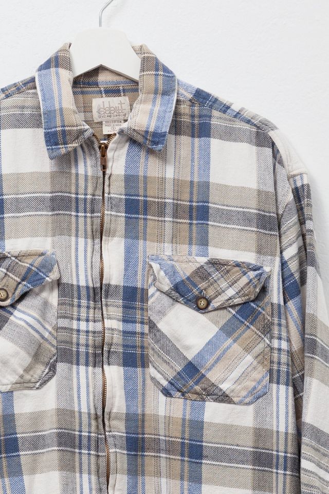 Vintage 1990s Distressed Plaid Cotton Zipper Shirt Blue and Tan #1