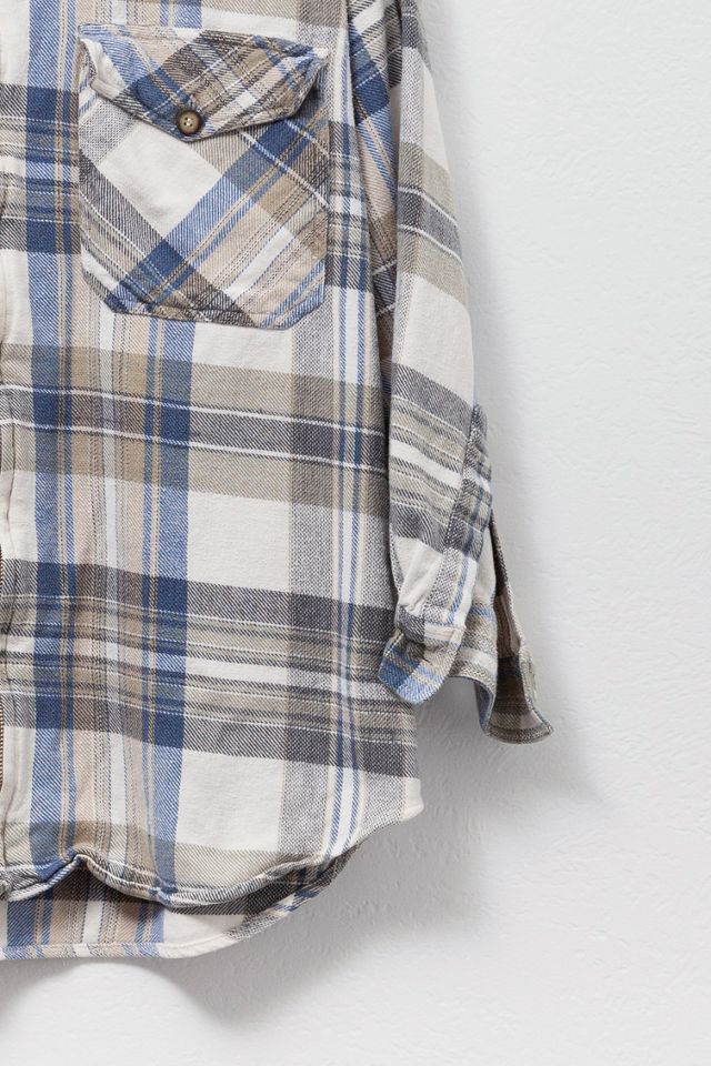 Vintage 1990s Distressed Plaid Cotton Zipper Shirt Blue and Tan #2