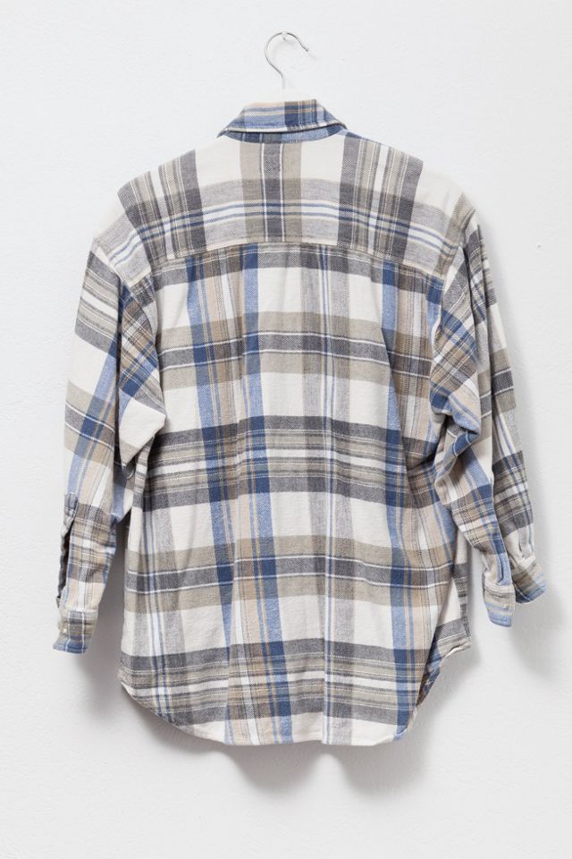 Vintage 1990s Distressed Plaid Cotton Zipper Shirt Blue and Tan #3
