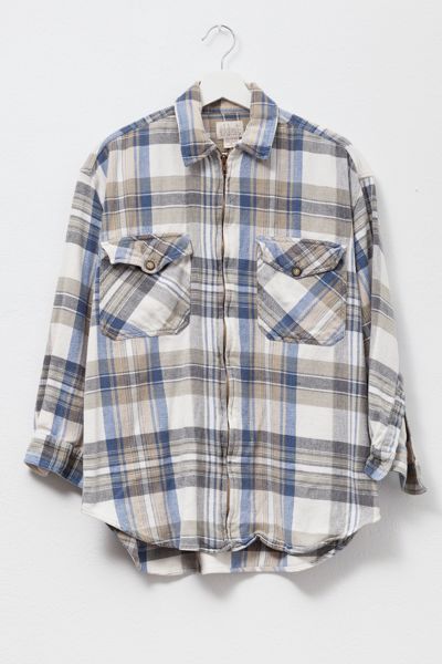 Vintage 1990s Distressed Plaid Cotton Zipper Shirt Blue and Tan