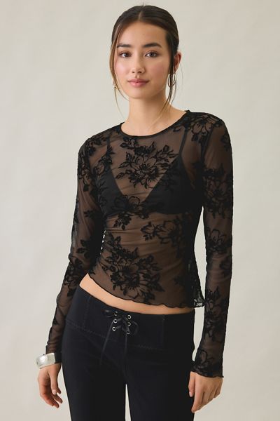 Kimchi Blue Raya Sheer Floral Burnout Mesh Long Sleeve Top