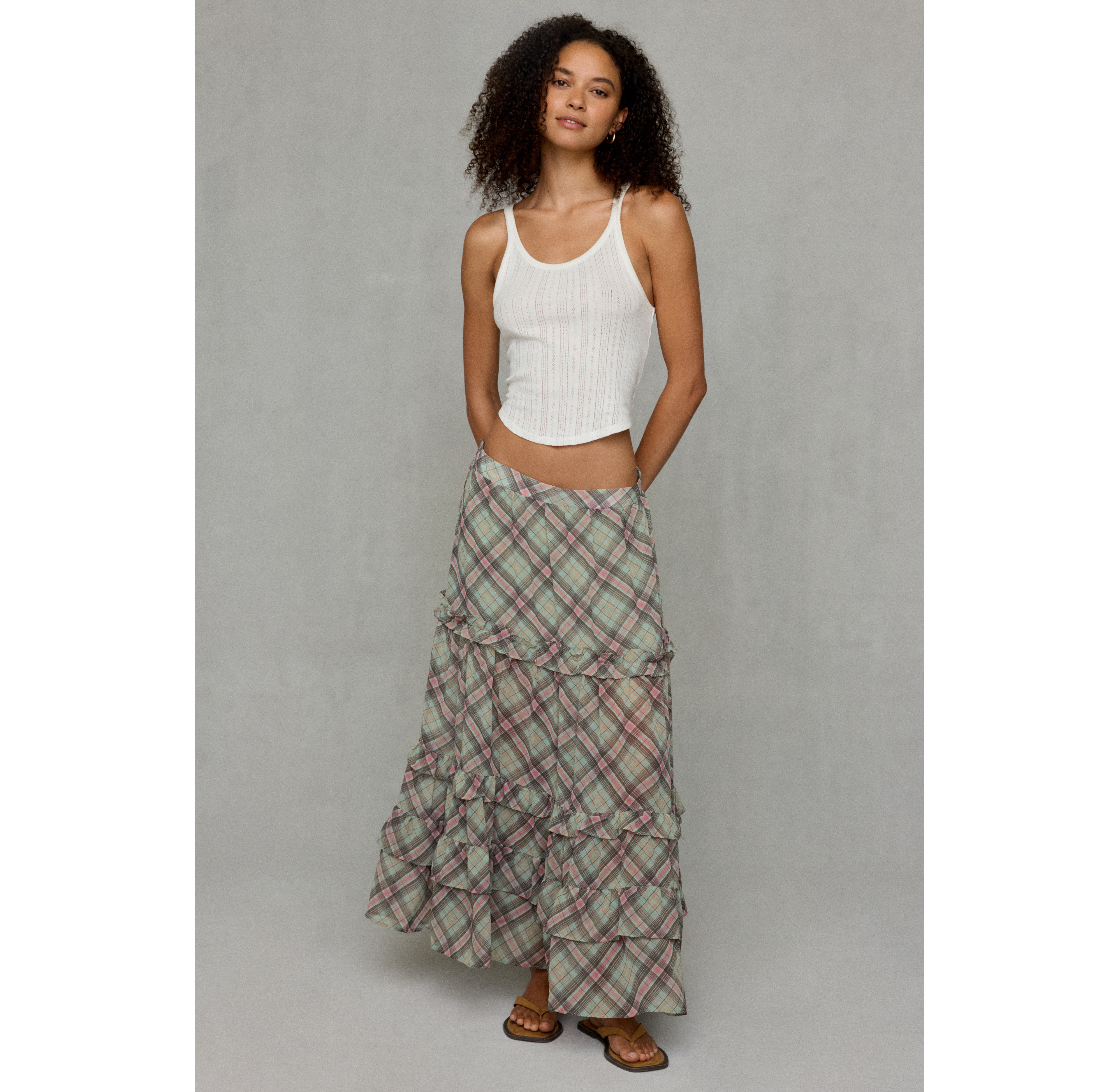 Kimchi Blue Yasmin Plaid Tiered Maxi Skirt
