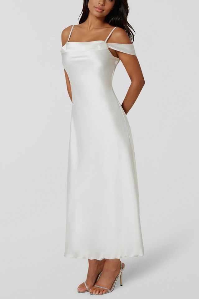 Bebe Drape Shoulder High Slit Satin Dress #1