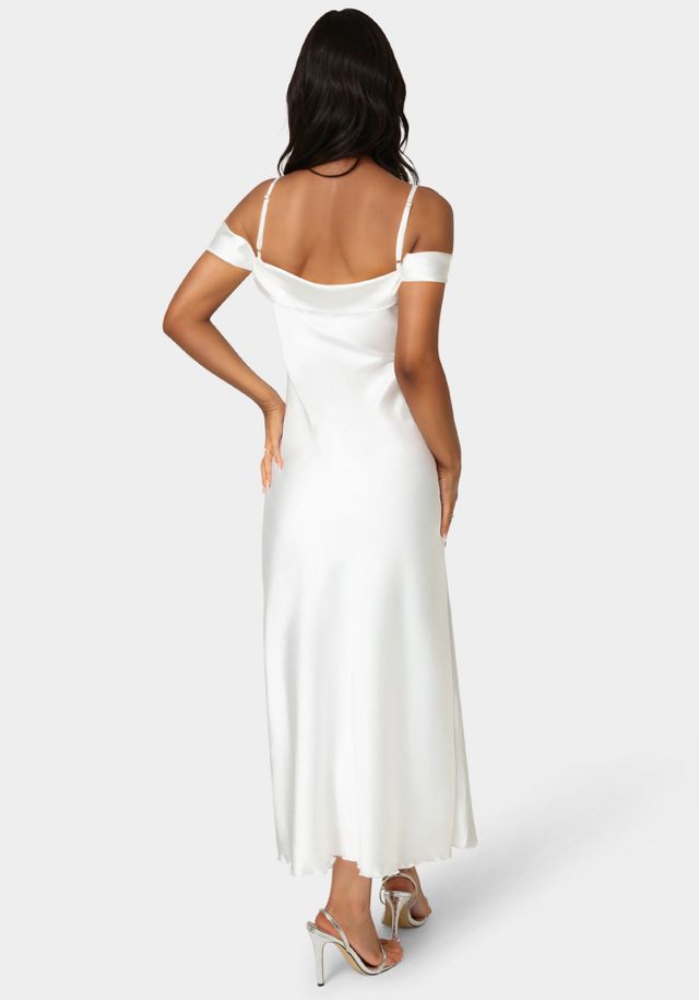 Bebe Drape Shoulder High Slit Satin Dress #2