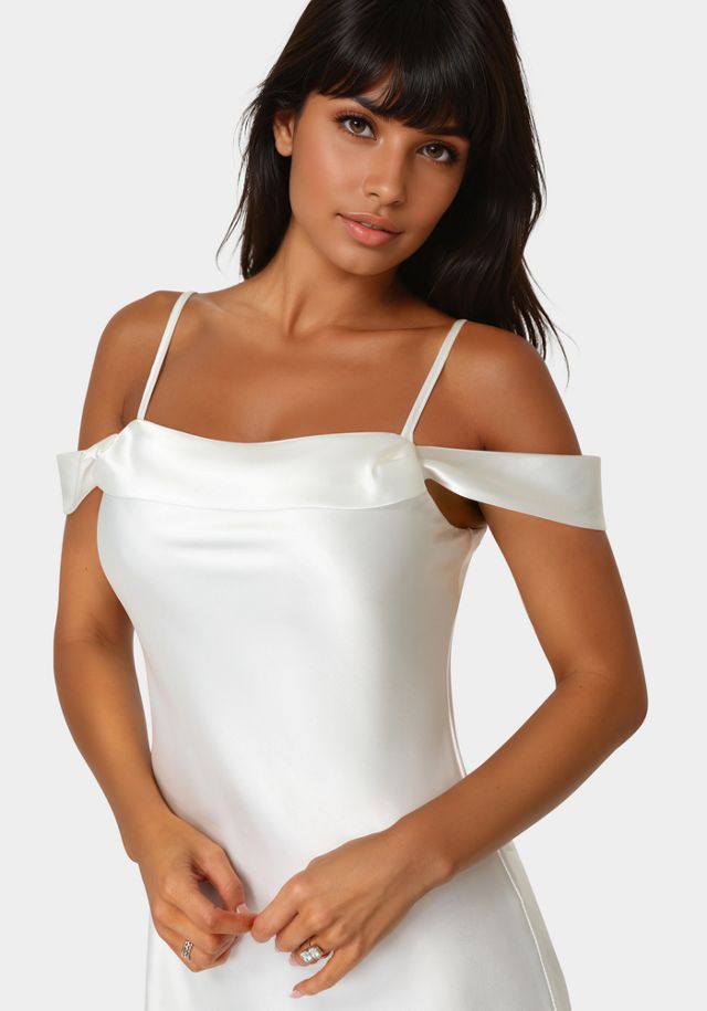 Bebe Drape Shoulder High Slit Satin Dress #3