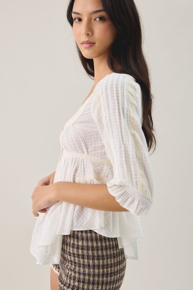 BDG Amelia Cotton Lace Trim 3/4 Sleeve Babydoll Top #2