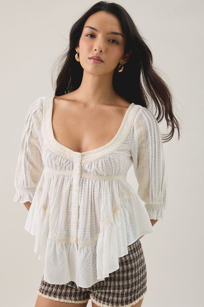 BDG Amelia Cotton Lace Trim 3/4 Sleeve Babydoll Top
