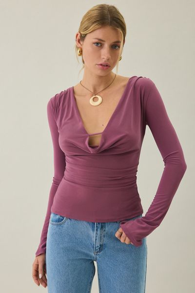 Kimchi Blue Ally Plunging Cowl Neck Keyhole Long Sleeve Top