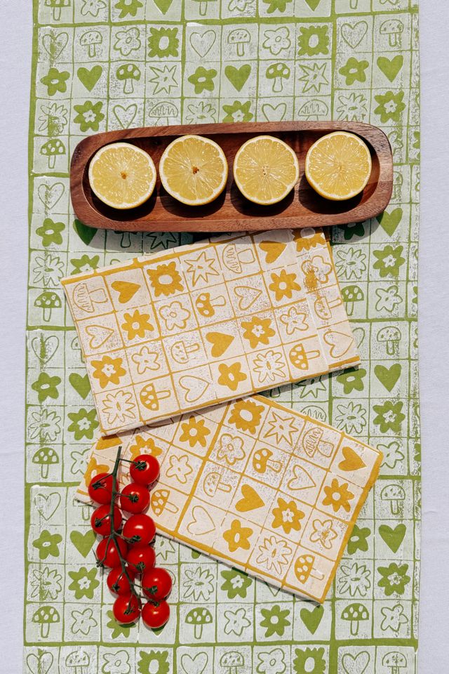 Julie Peach Block Printed Garden Squares Table Runner #1