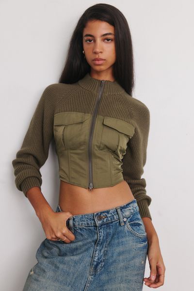 BDG Andy Mixed Media Military Zip-Up Sweater