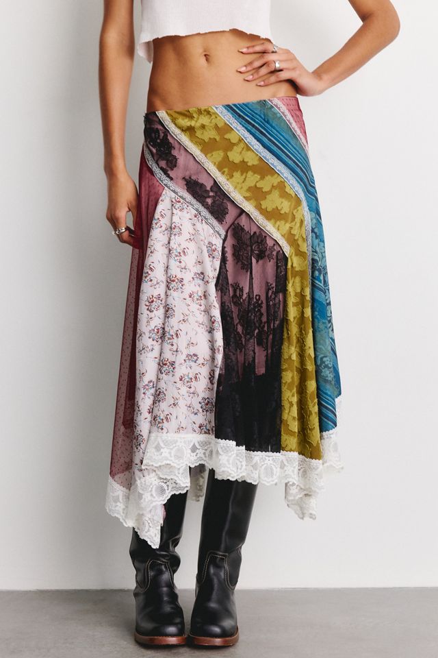Kimchi Blue In The Mix Patchwork Asymmetric Hanky Hem Midi Skirt #1