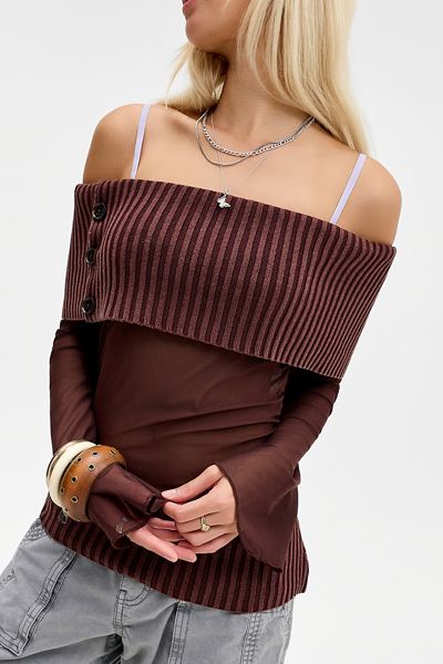 UO Jae Asymmetric Button Off-The-Shoulder Sweater
