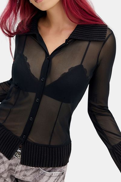 UO Jaea Sheer Mesh Button-Down Shirt