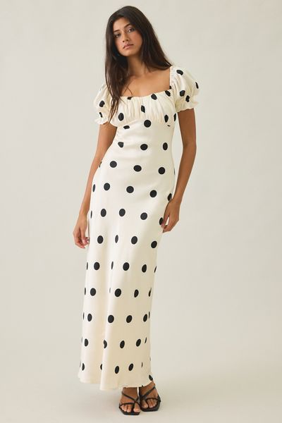 Robe longue Keaton en satin à pois avec manches bouffantes de Lulus
