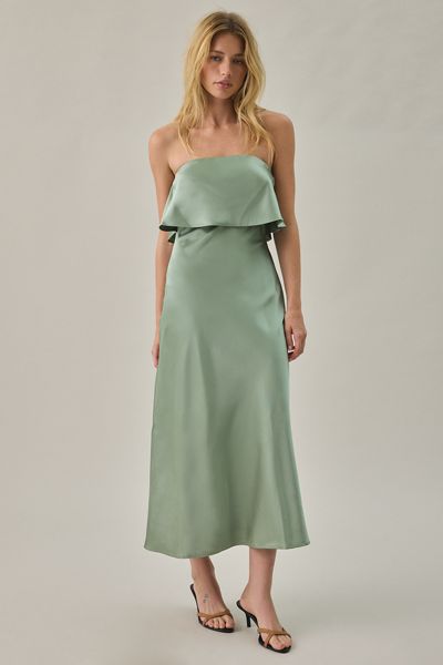 Lulus Adriana Tiered Satin Strapless Midi Dress