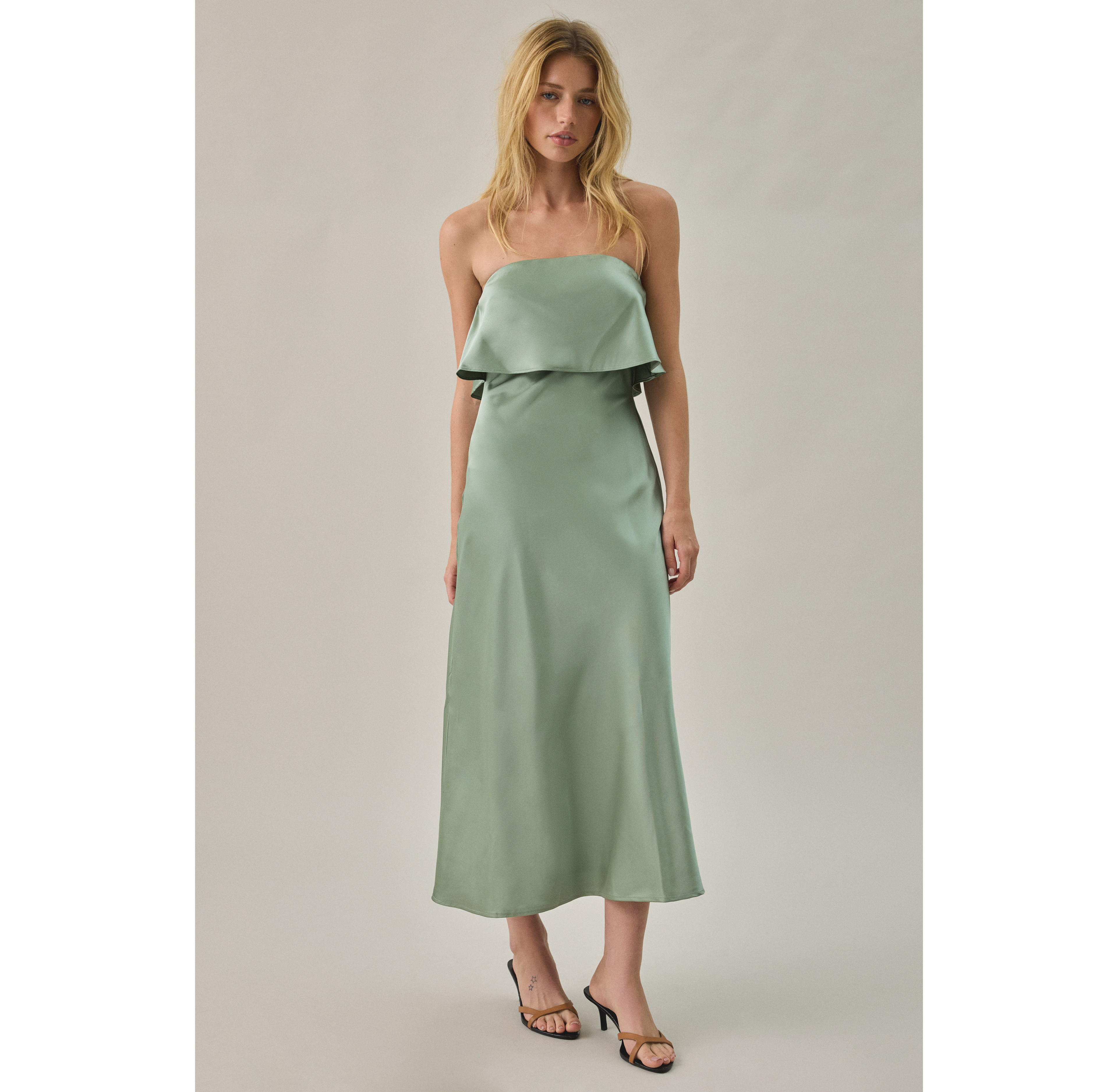 Lulus Adriana Tiered Satin Strapless Midi Dress