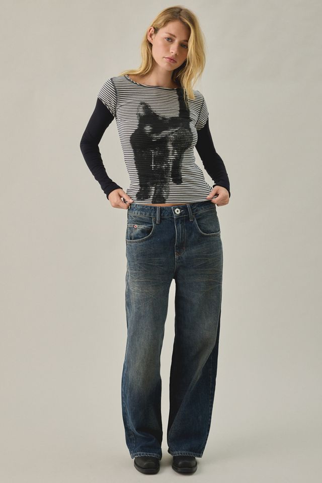 BDG Sloane Black Cat Graphic Layered Twofer Long Sleeve Tee #3