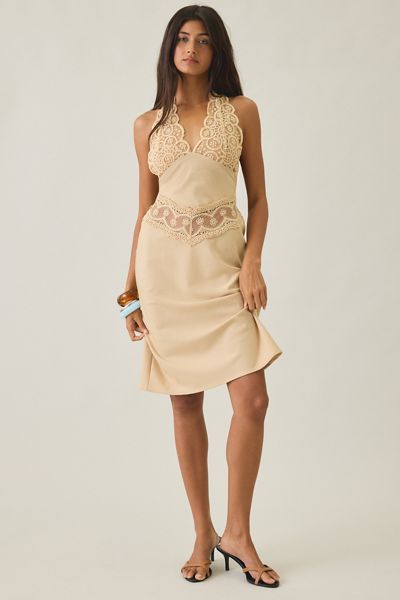 Lioness Solana Sheer Lace + Satin Halter Midi Dress