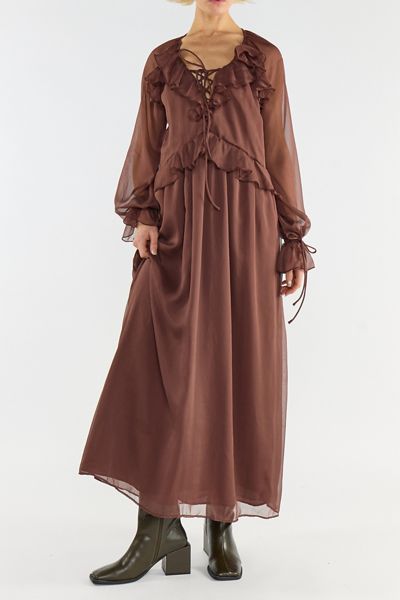 Glamorous Cascading Ruffle Chiffon Long Sleeve Maxi Dress