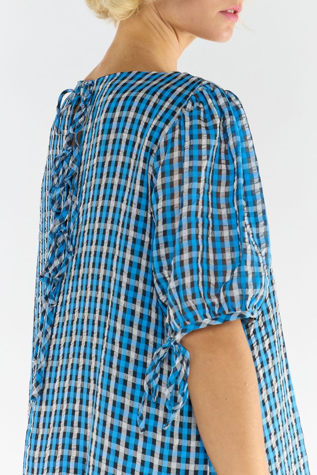 Glamorous Plaid Puff Sleeve Drop Waist Trapeze Midi Dress #1