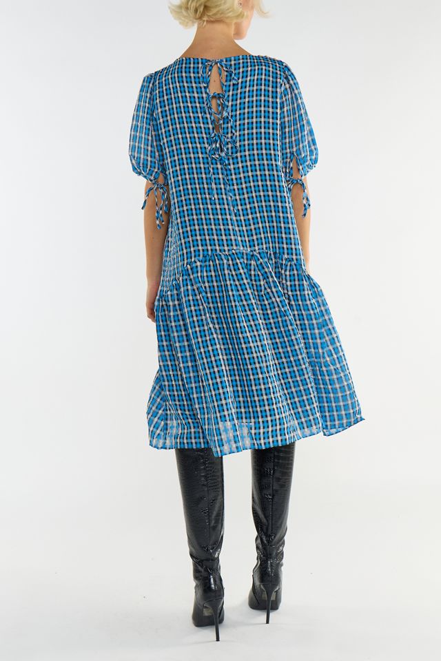 Glamorous Plaid Puff Sleeve Drop Waist Trapeze Midi Dress #2