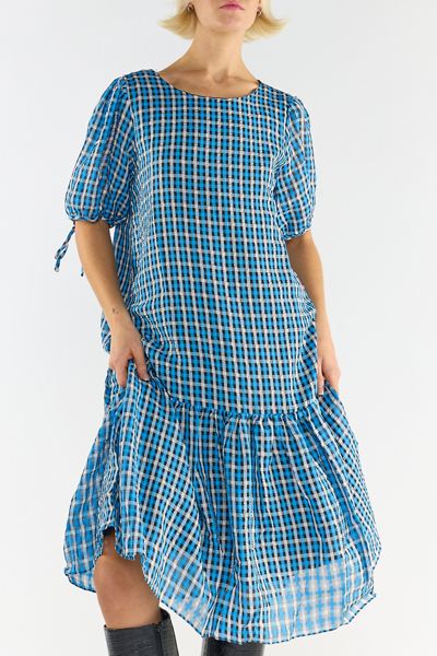 Glamorous Plaid Puff Sleeve Drop Waist Trapeze Midi Dress