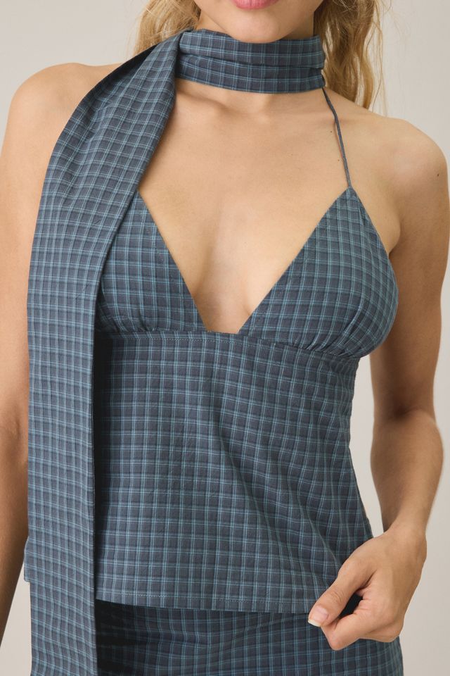Lioness Play On Plaid Open-Back Halter Scarf Top #2