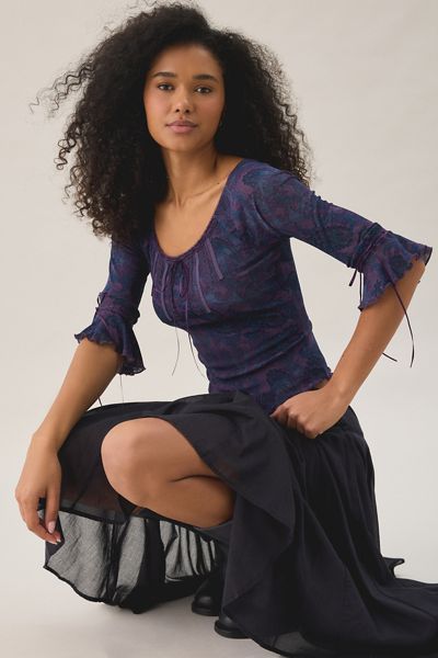 Kimchi Blue Kristy Ribbon Trim Mesh 3/4 Sleeve Top