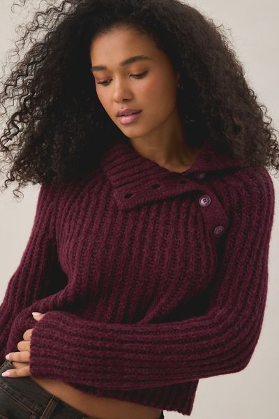 BDG Glacier Grace Funnel Neck Asymmetric Button Sweater