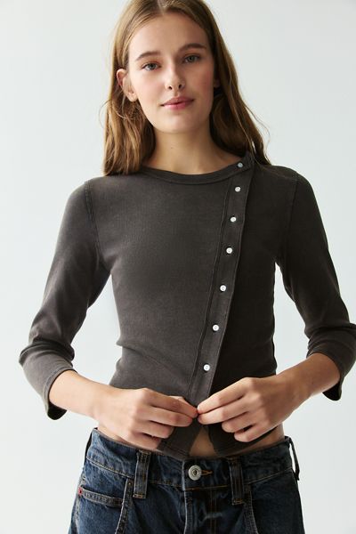 BDG Bella Three Quarter Sleeve Asymmetric Button Front Cardigan