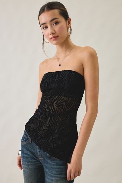 UO Afterparty Zebra Burnout Mesh Asymmetric Side-Slit Tube Top