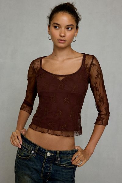 Kimchi Blue Rea Sheer Lace 3/4 Sleeve Top