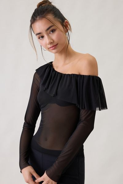 Kimchi Blue Ciara Mesh Asymmetric Ruffle Off-The-Shoulder Top