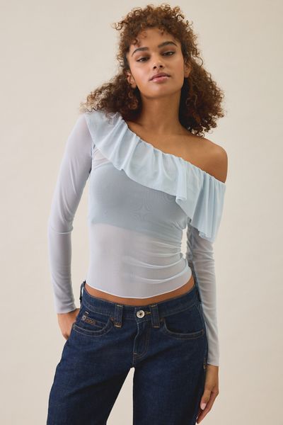 Kimchi Blue Ciara Mesh Asymmetric Ruffle Off-The-Shoulder Top