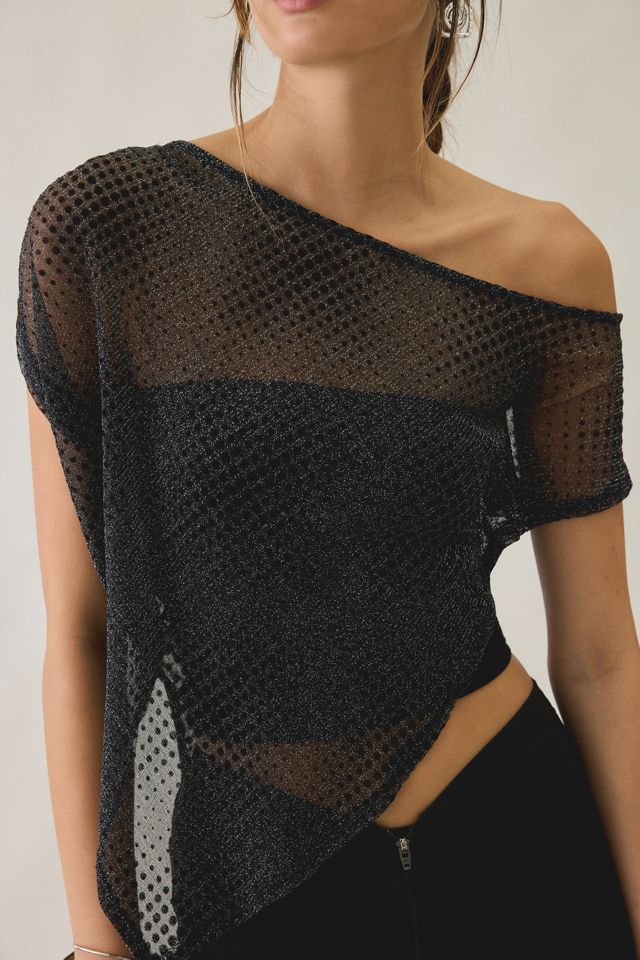 UO Bia Shine Flocked Dot Mesh Asymmetric Off-The-Shoulder Poncho #2