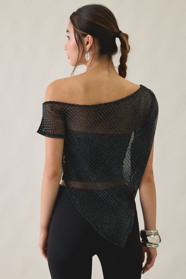 UO Bia Shine Flocked Dot Mesh Asymmetric Off-The-Shoulder Poncho #3