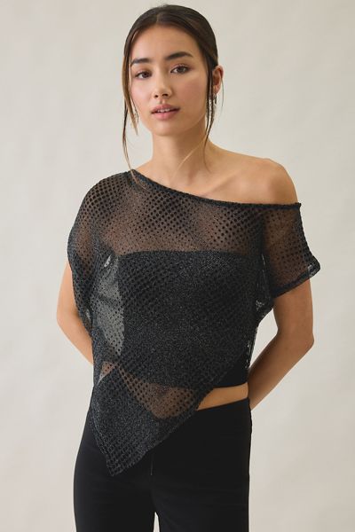 UO Bia Shine Flocked Dot Mesh Asymmetric Off-The-Shoulder Poncho