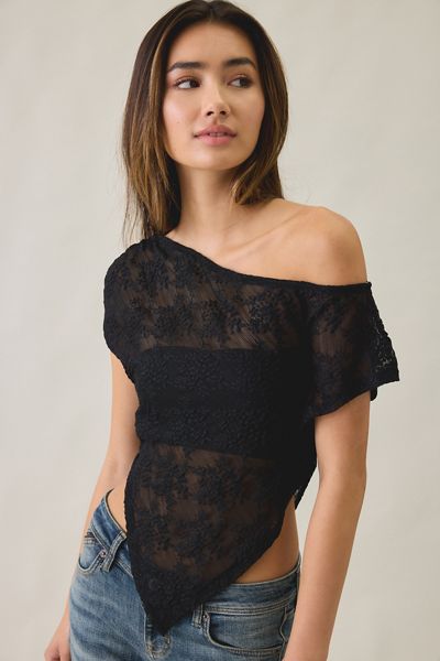 UO Bia Sheer Lace Asymmetric Off-The-Shoulder Poncho