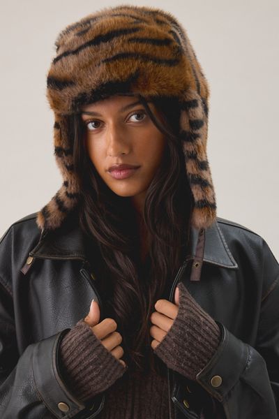 Tiger Pattern Faux Fur Trapper Hat
