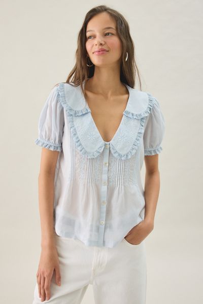 Kimchi Blue Hattie Sheer Ruffle Collar Short Sleeve Blouse
