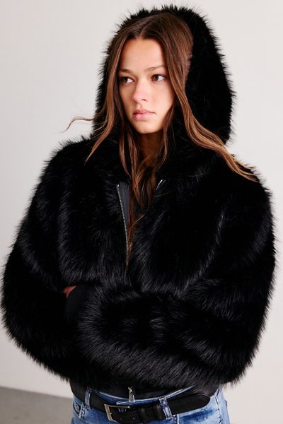UO Maddy Cropped Faux Fur Hooded Jacket