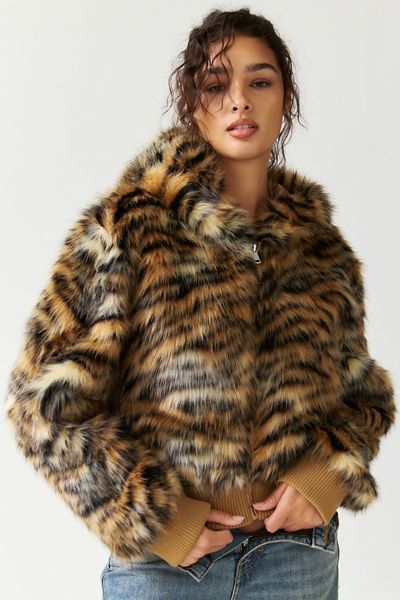 UO Maddy Cropped Faux Fur Hooded Jacket