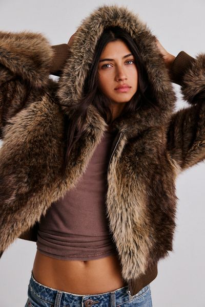 UO Maddy Cropped Faux Fur Hooded Jacket