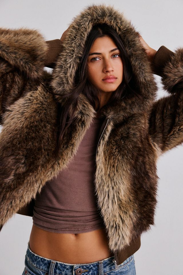 UO Maddy Cropped Faux Fur Hooded Jacket #1