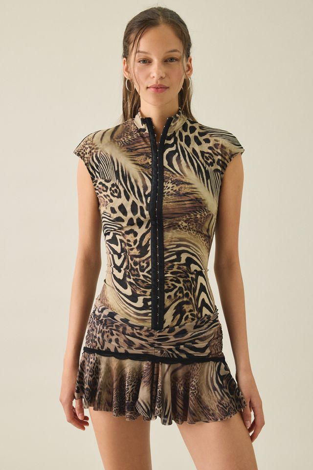 I.AM.GIA. Isela Animal Print Cap Sleeve High Neck Bodycon Mini Dress #1