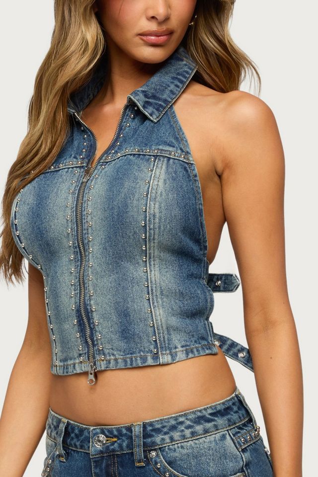 Edikted Gaya Backless Zip Up Denim Top #2