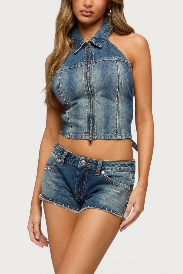 Edikted Gaya Backless Zip Up Denim Top #3